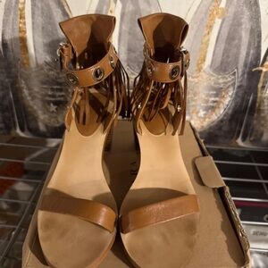 Zara Tan Leather Fringe Sandals